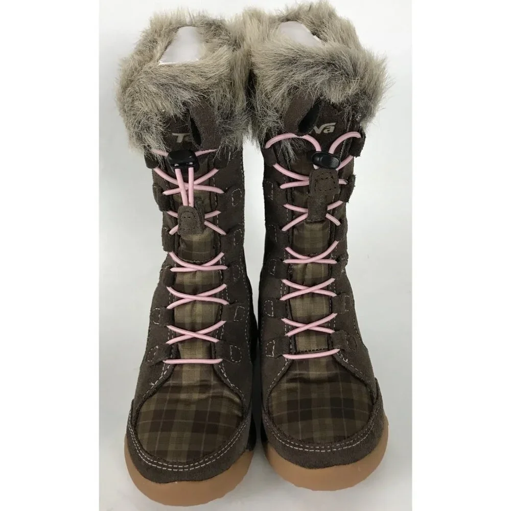 Teva Girls Lenawee‎ Boots Toddlet Size 10 Tall Faux Fur Plaid Lace Up Brown Pink